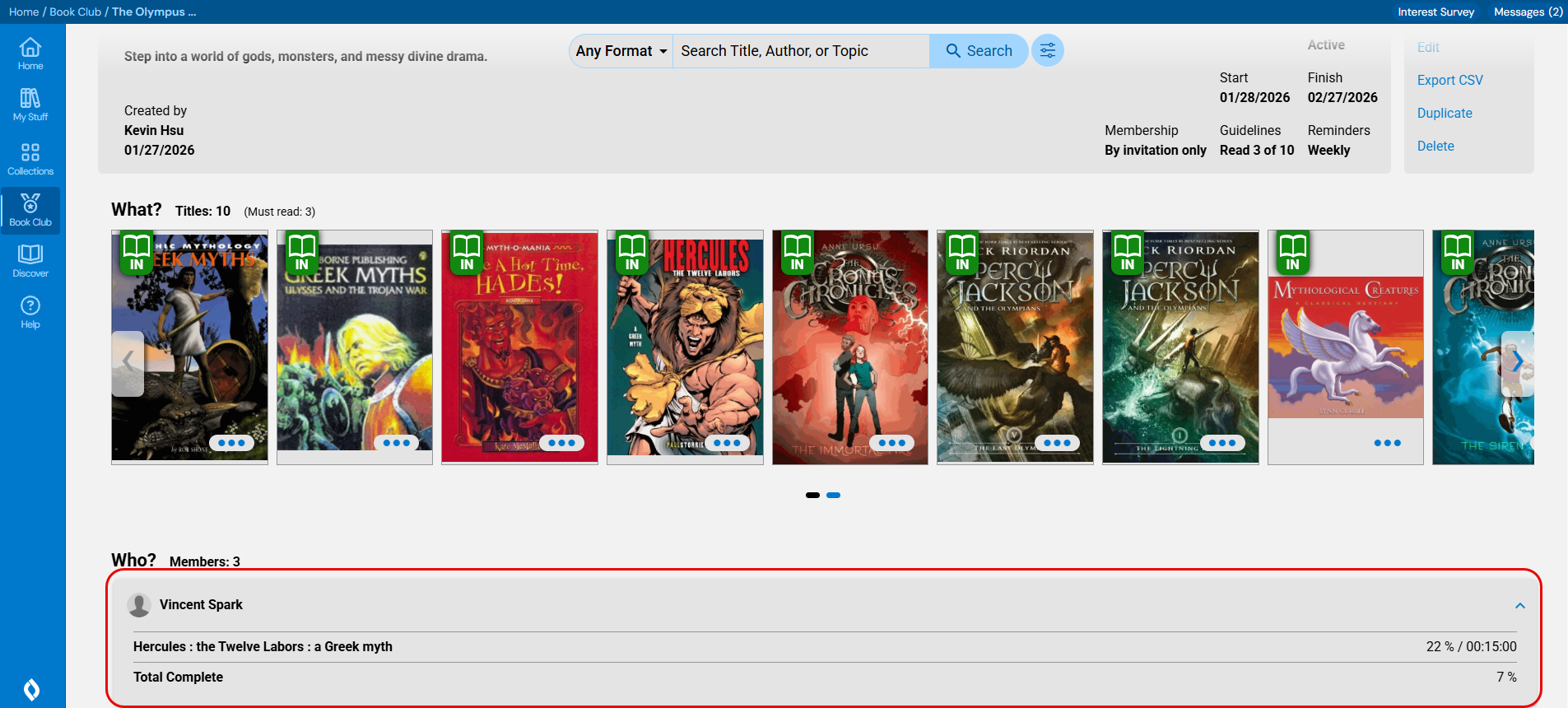 Book Club page with student reading progress highlighted.
